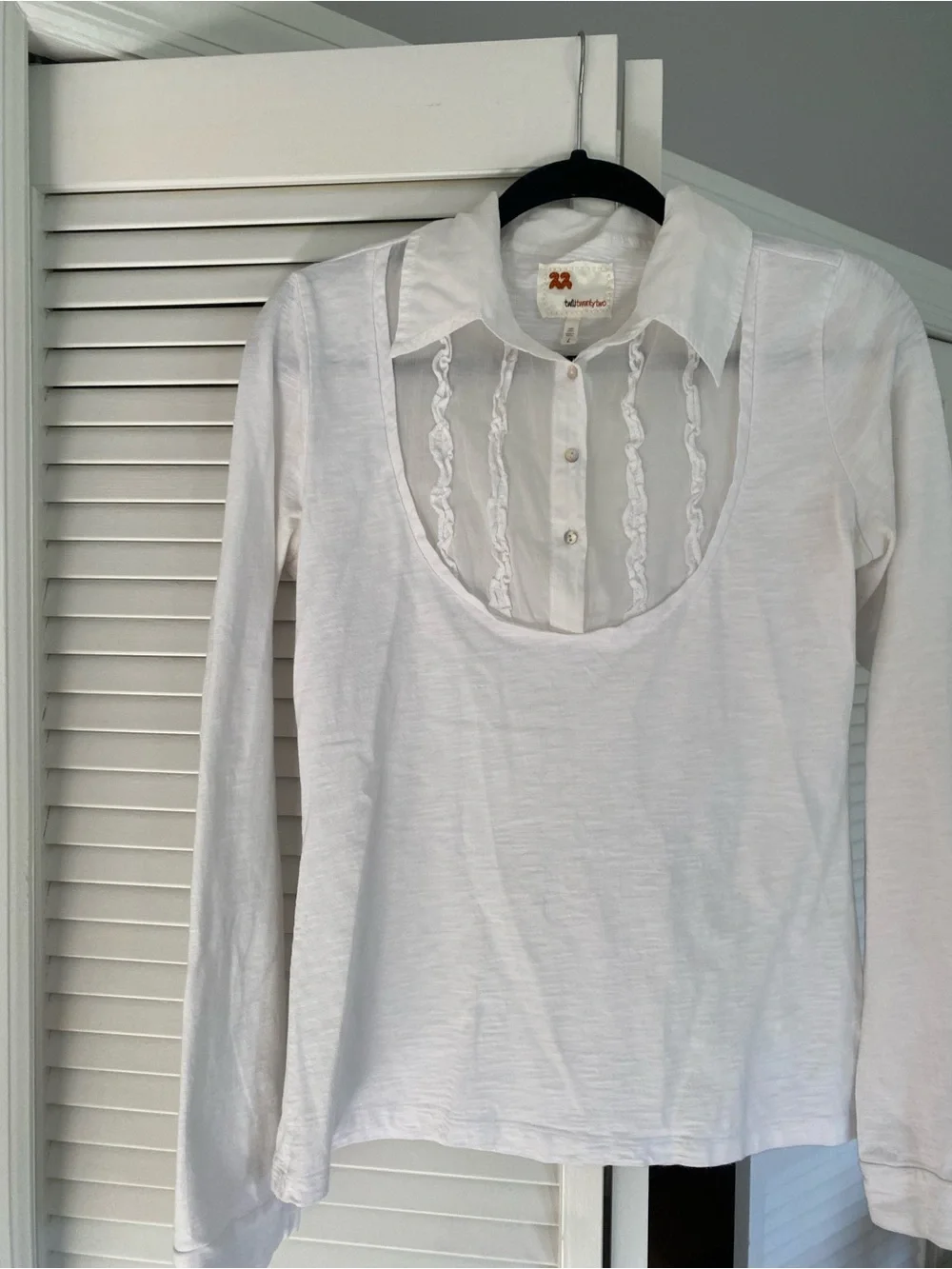 Twill Twenty Two White Layered-Look Long Sleeve Shirt with Ruffle Placket - Picture 1 of 6